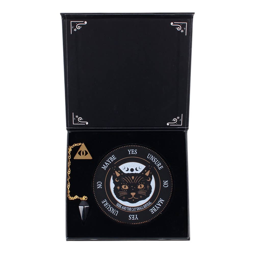 Black Cat Magick Pendulum Divination Kit Crystal - Gothic & Alternative Gift - Haunted