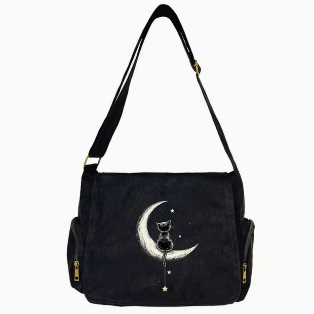 Black Cat & Moon Tote Messager Crossbody Bag Clothing - Gothic & Alternative Gift - Haunted