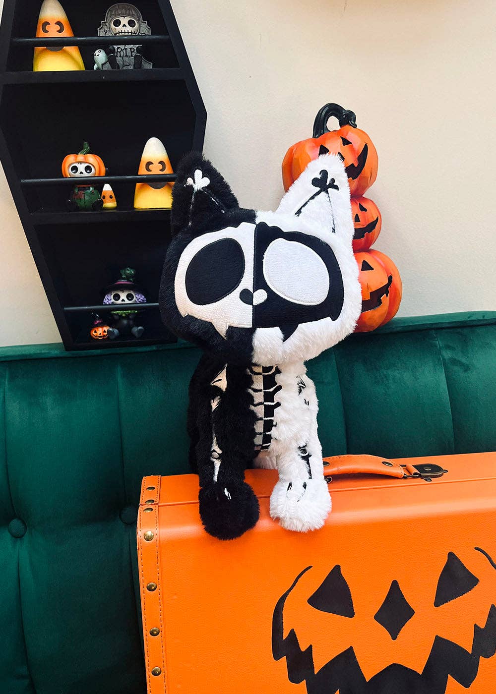 Black Cat Skeleton Splitzokitty Plush Toy Black and White Split Stuffed Animals - Gothic & Alternative Gift - Haunted