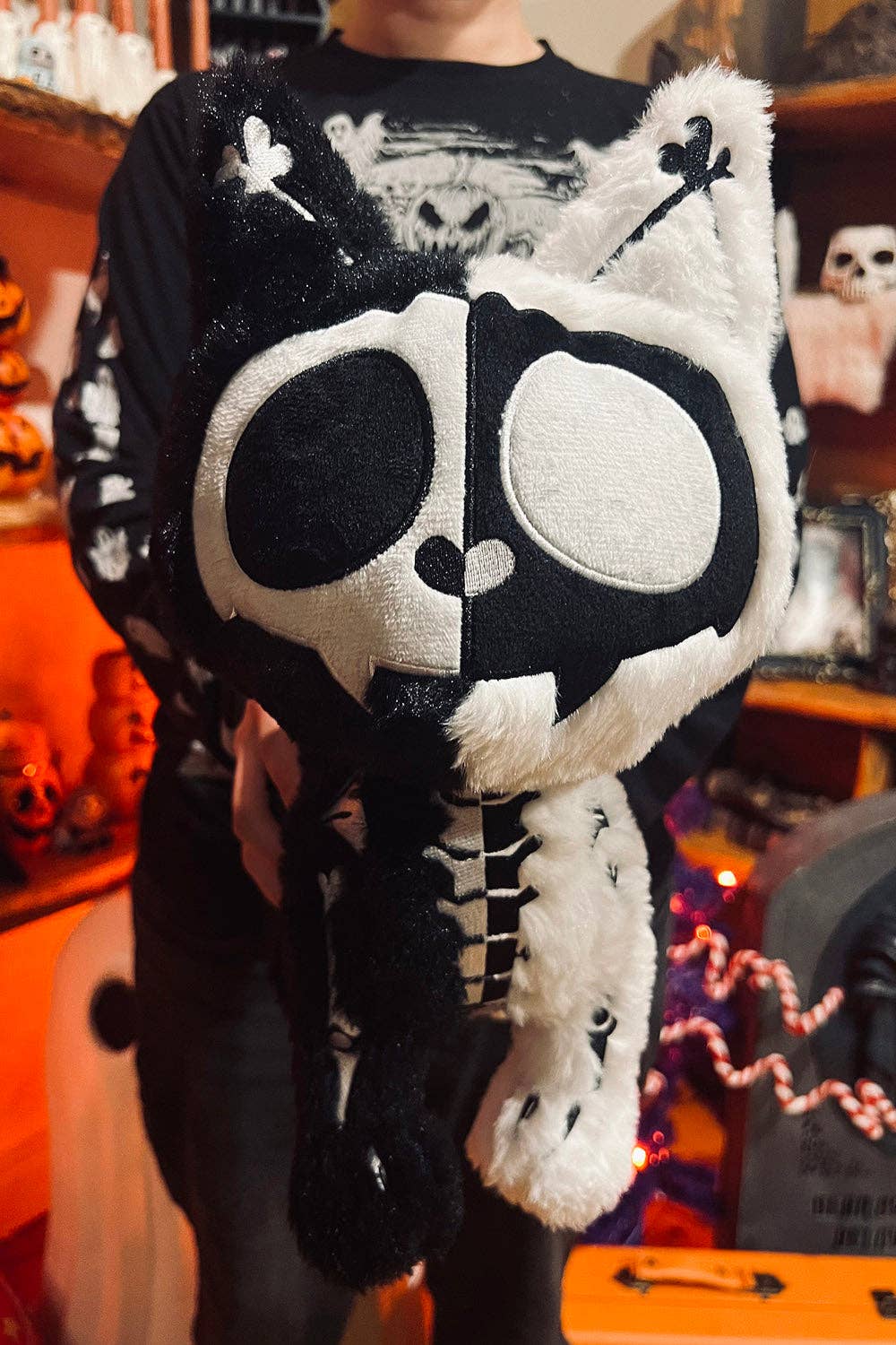 Black Cat Skeleton Splitzokitty Plush Toy Black and White Split Stuffed Animals - Gothic & Alternative Gift - Haunted