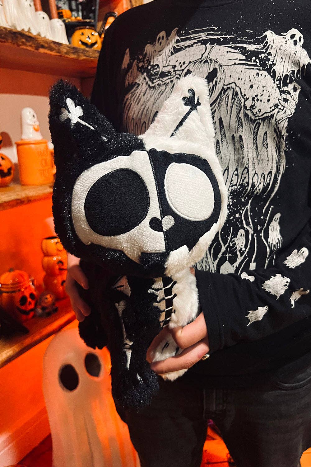 Black Cat Skeleton Splitzokitty Plush Toy Black and White Split Stuffed Animals - Gothic & Alternative Gift - Haunted