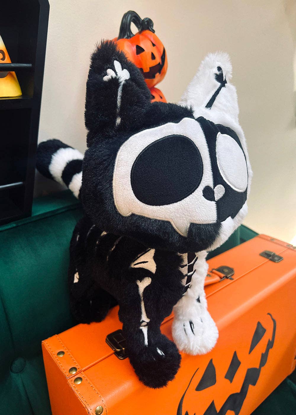 Black Cat Skeleton Splitzokitty Plush Toy Black and White Split Stuffed Animals - Gothic & Alternative Gift - Haunted