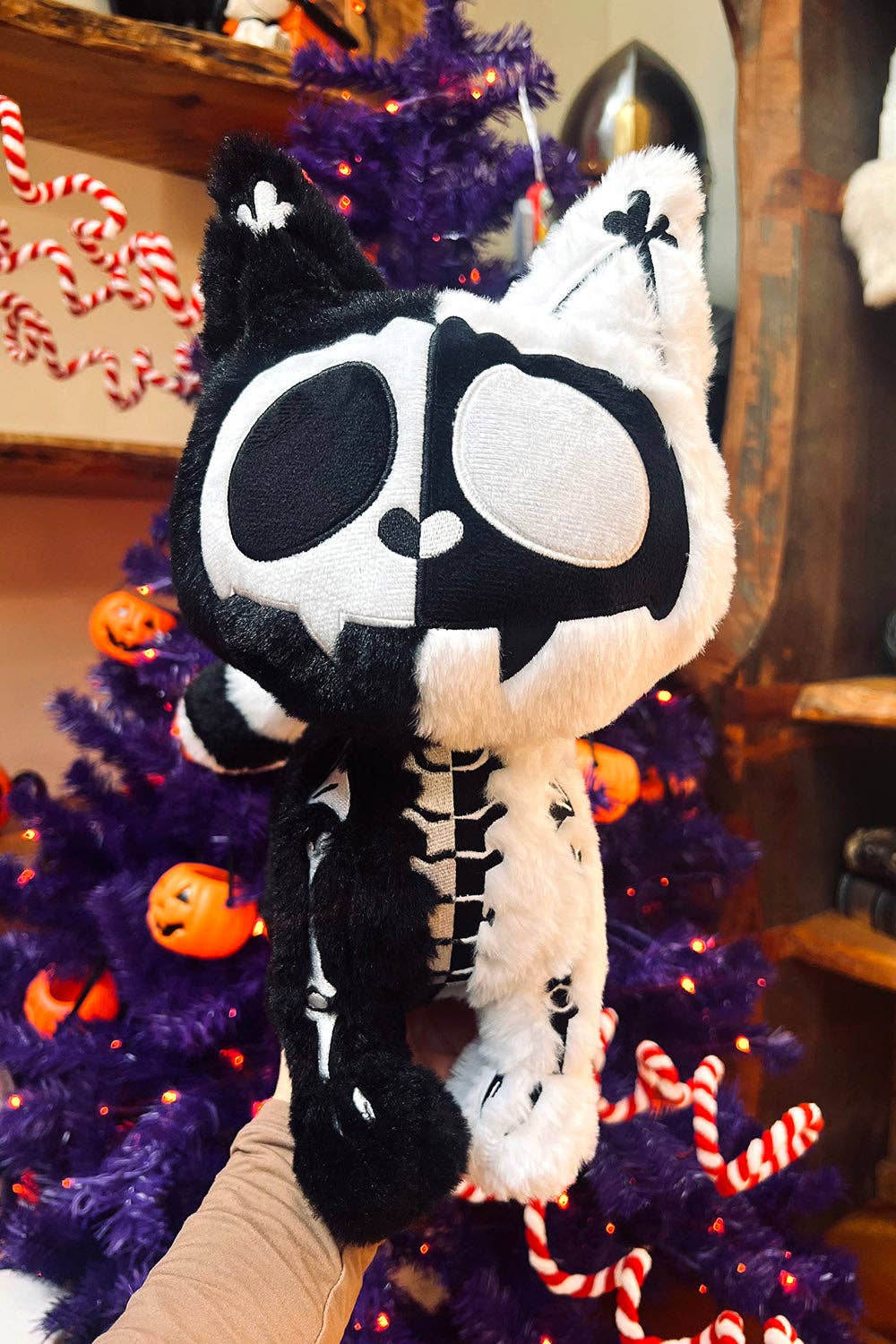 Black Cat Skeleton Splitzokitty Plush Toy Black and White Split Stuffed Animals - Gothic & Alternative Gift - Haunted