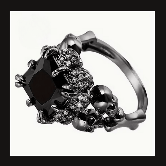 Black Gothic Skull and Gemstones Dark Silver Ring Jewelry - Gothic & Alternative Gift - Haunted