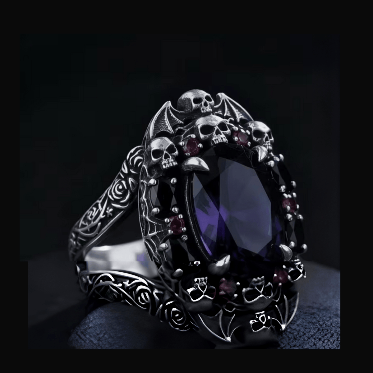 Black Gothic Skull Bat and Rose Silver Ring Jewelry - Gothic & Alternative Gift - Haunted