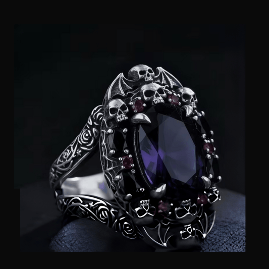 Black Gothic Skull Bat and Rose Silver Ring Jewelry - Gothic & Alternative Gift - Haunted
