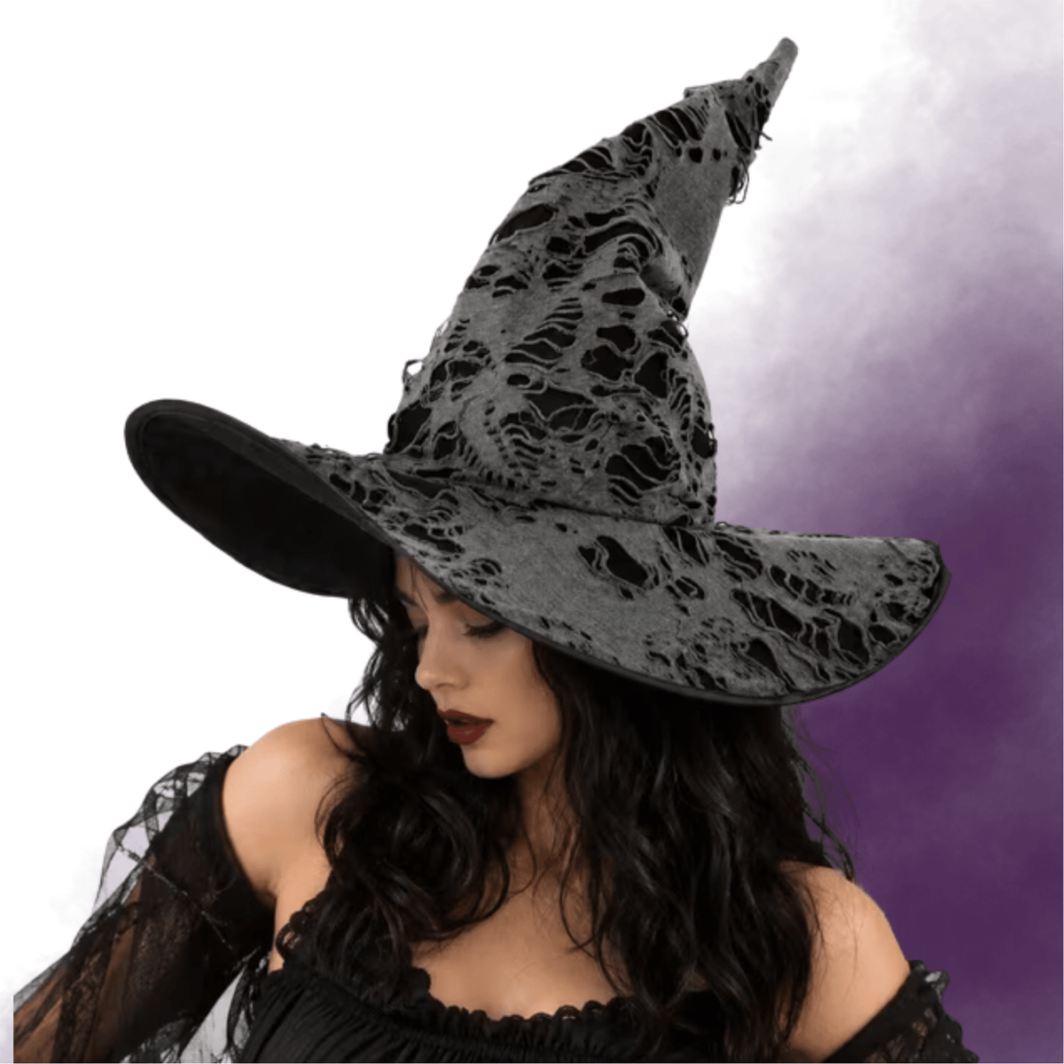 Black & Grey Distressed Witch Hat with Wide Brim Costumes - Gothic & Alternative Gift - Haunted