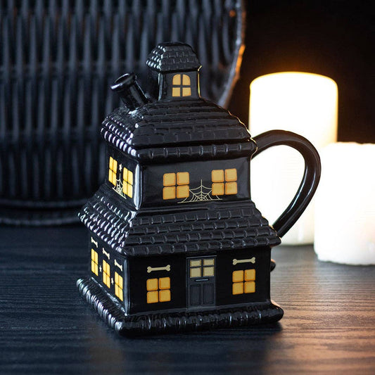 Black Haunted House Lidded Halloween Mug Holiday Craft and Decor - Gothic & Alternative Gift - Haunted