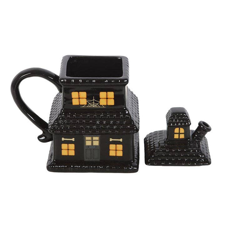 Black Haunted House Lidded Halloween Mug Holiday Craft and Decor - Gothic & Alternative Gift - Haunted