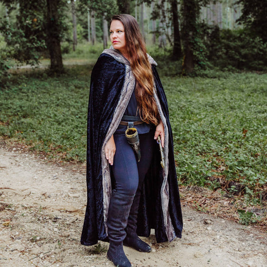 Black Hooded Cloak with Pewter Fur Trim Clothing - Gothic & Alternative Gift - Haunted