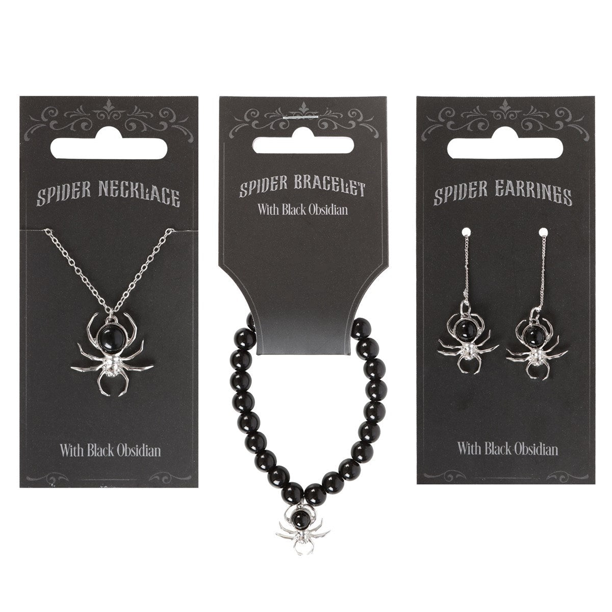 Black Obsidian Spider Jewelry Bracelet, Earrings, Necklace Jewelry - Gothic & Alternative Gift - Haunted