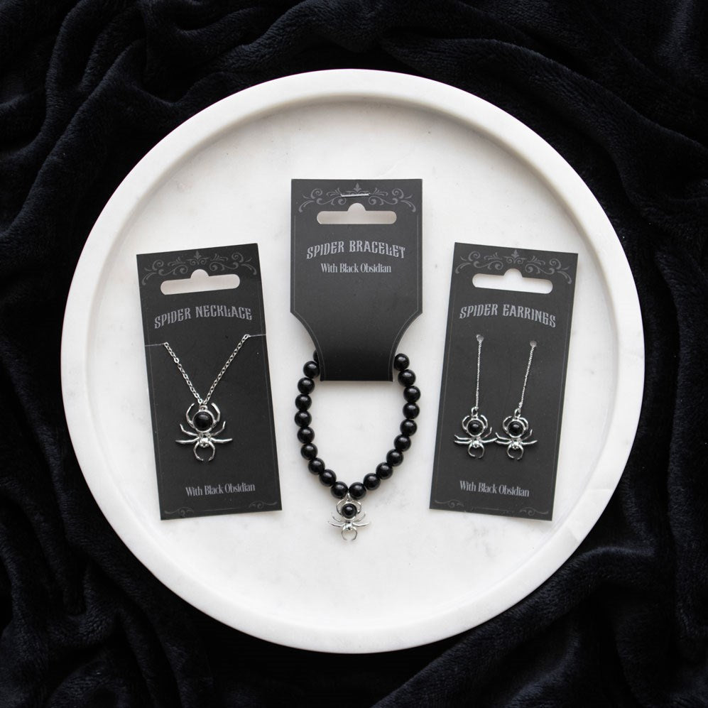 Black Obsidian Spider Jewelry Bracelet, Earrings, Necklace Jewelry - Gothic & Alternative Gift - Haunted
