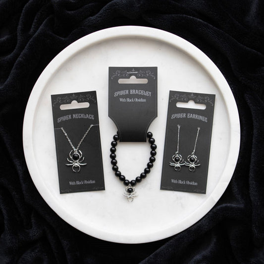 Black Obsidian Spider Jewelry Bracelet, Earrings, Necklace Jewelry - Gothic & Alternative Gift - Haunted