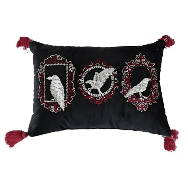 Black Red Velvet Beaded Raven Throw Pillow Home Decor - Gothic & Alternative Gift - Haunted
