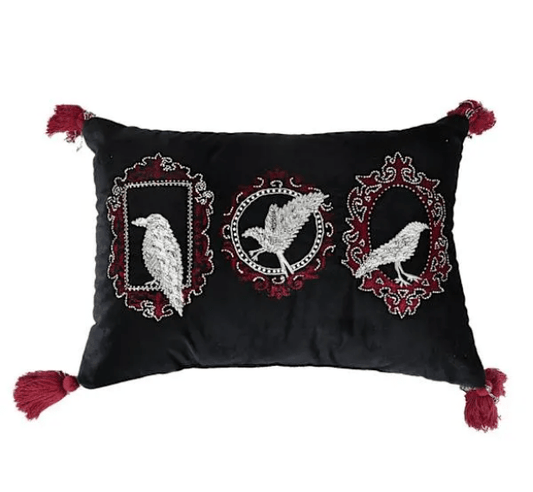 Black Red Velvet Beaded Raven Throw Pillow Home Decor - Gothic & Alternative Gift - Haunted