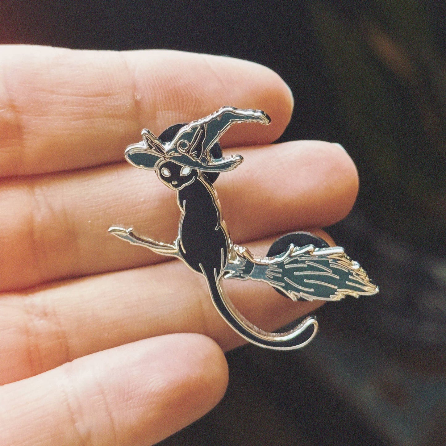 Black Witch Cat on a Broom Stick Shade Enamel Pin Accessories - Gothic & Alternative Gift - Haunted