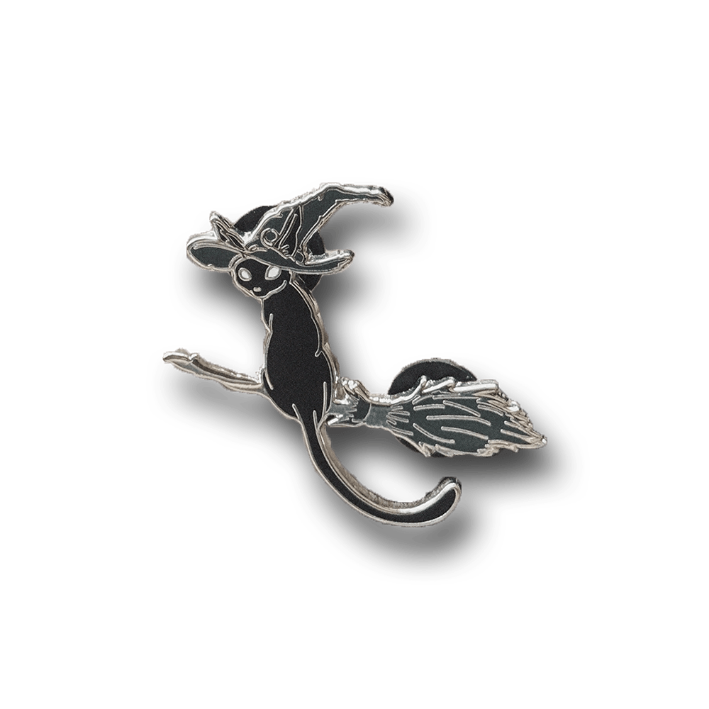 Black Witch Cat on a Broom Stick Shade Enamel Pin Accessories - Gothic & Alternative Gift - Haunted