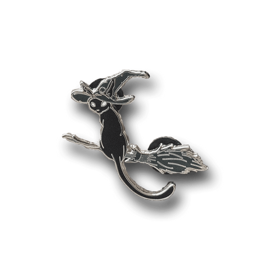 Black Witch Cat on a Broom Stick Shade Enamel Pin Accessories - Gothic & Alternative Gift - Haunted