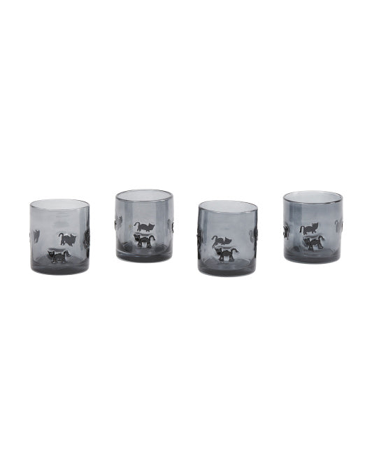 Double Old Fashion Black Cat Rocks Glasses set of 4