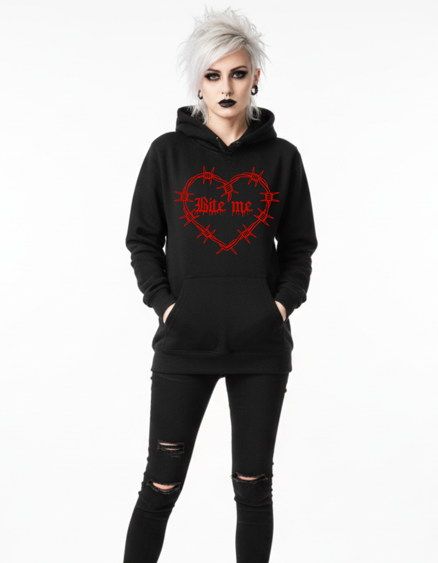 PUFF Print BITE ME Barbed Wire Heart Custom Black Hoodie Sweatshirt Pullover