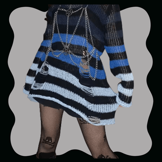 Blue Gradient Oversized Black Striped Ribbed Sweater Clothing Accessories - Gothic & Alternative Gift - Haunted