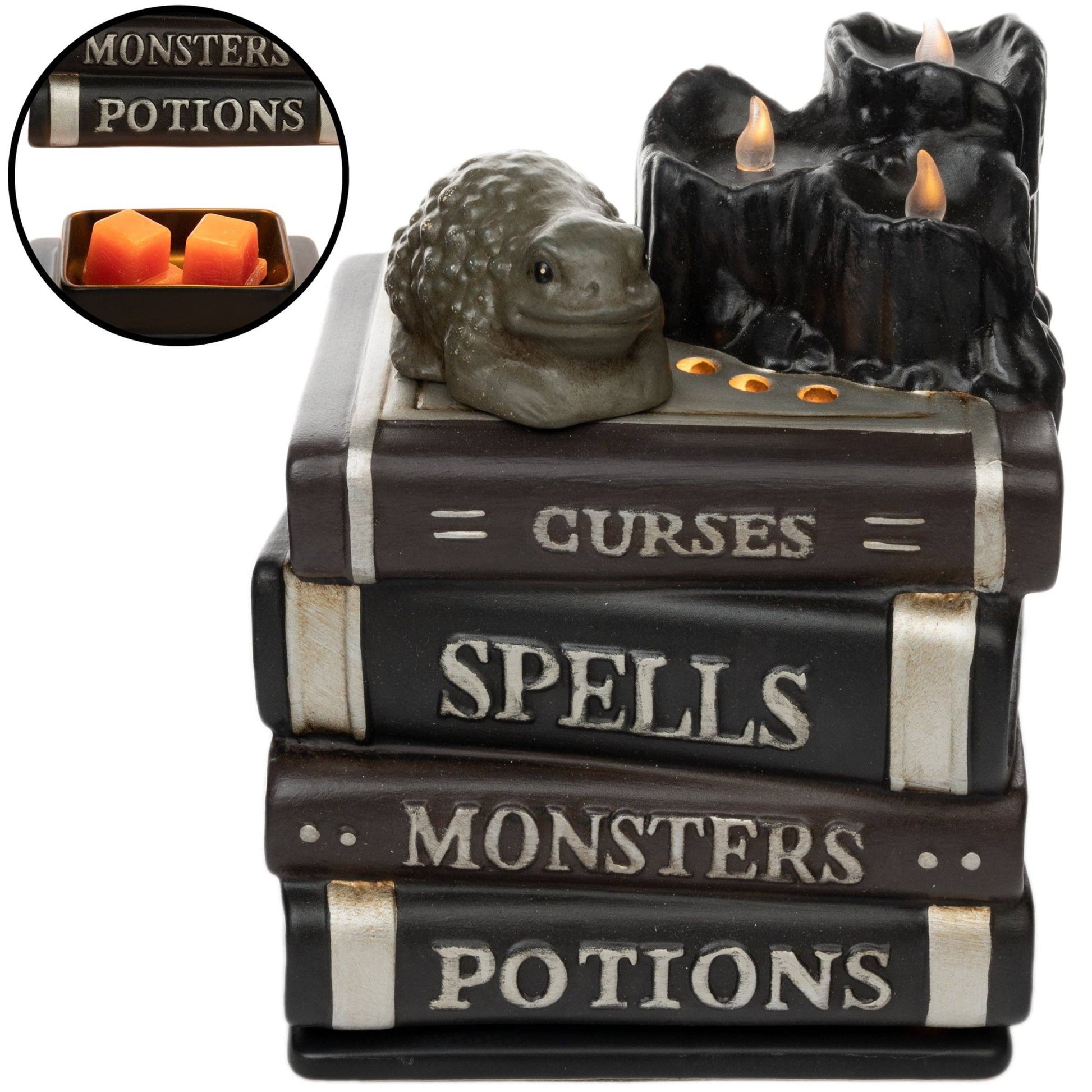 Book of Spells, Book Stack with Melting Candle Halloween Fragrance & Wax Electric Warmer Candle Holder - Gothic & Alternative Gift - Haunted