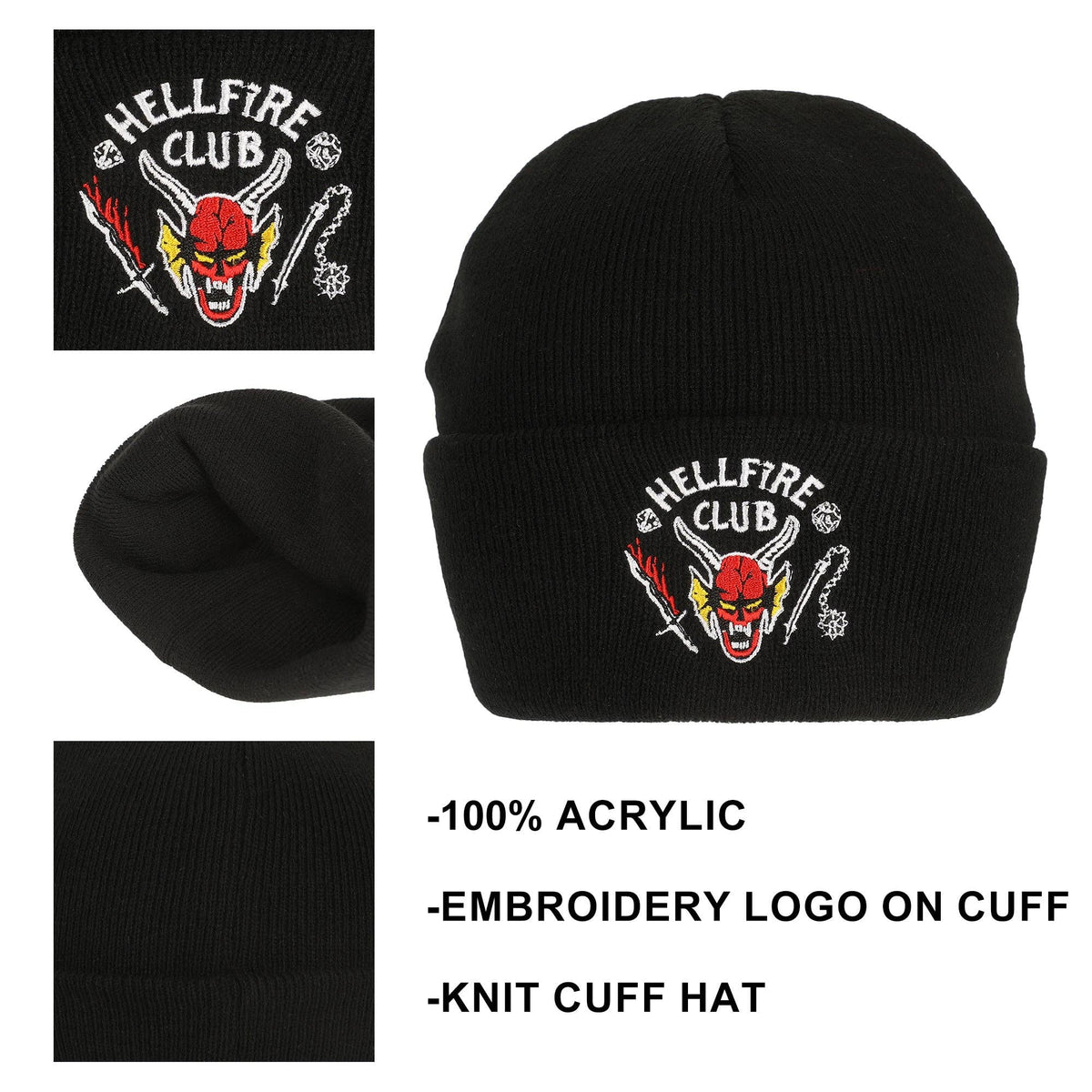Stranger Things Hellfire Club Black Embroidered Knit Beanie