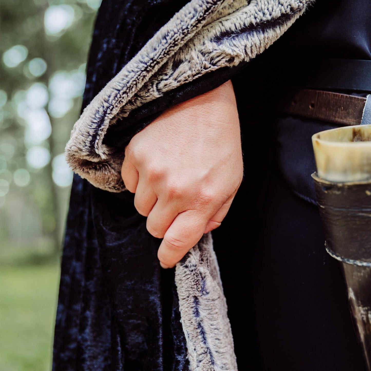 Black Hooded Cloak with Pewter Fur Trim