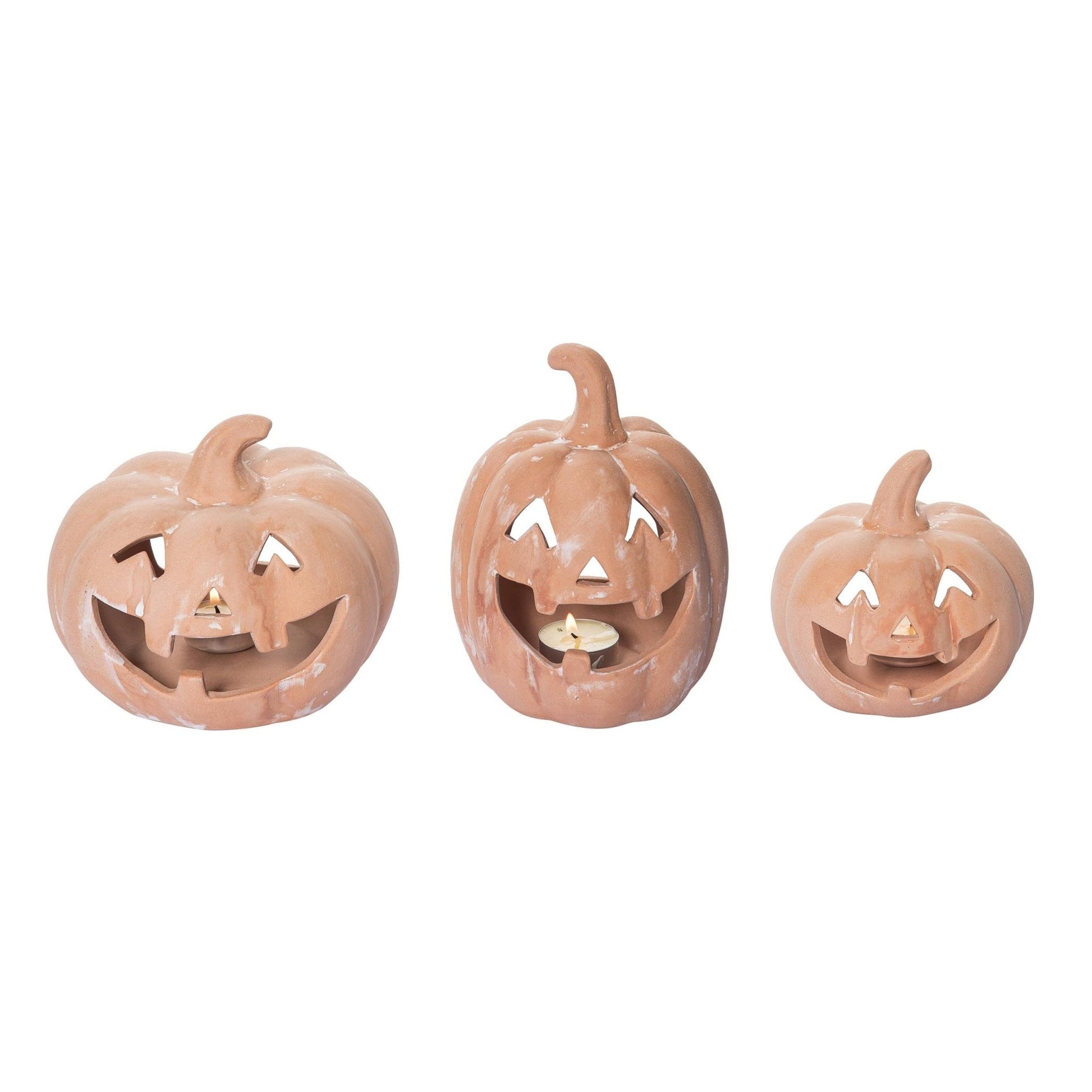 Ceramic 6.5" Orange Halloween Pumpkin Candle Holder Set of 3 Home Decor - Gothic & Alternative Gift - Haunted