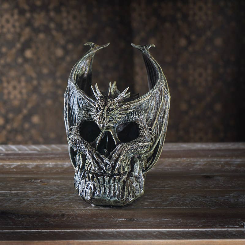 Draco Dragon and Skull Figurine – Gothic Cold Cast Resin Decor