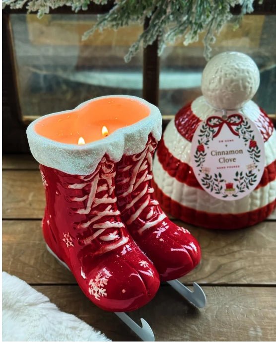 Cinnamon Twirl Red Ice Skates Icon Ceramic Candle Christmas Holiday Candles - Gothic & Alternative Gift - Haunted