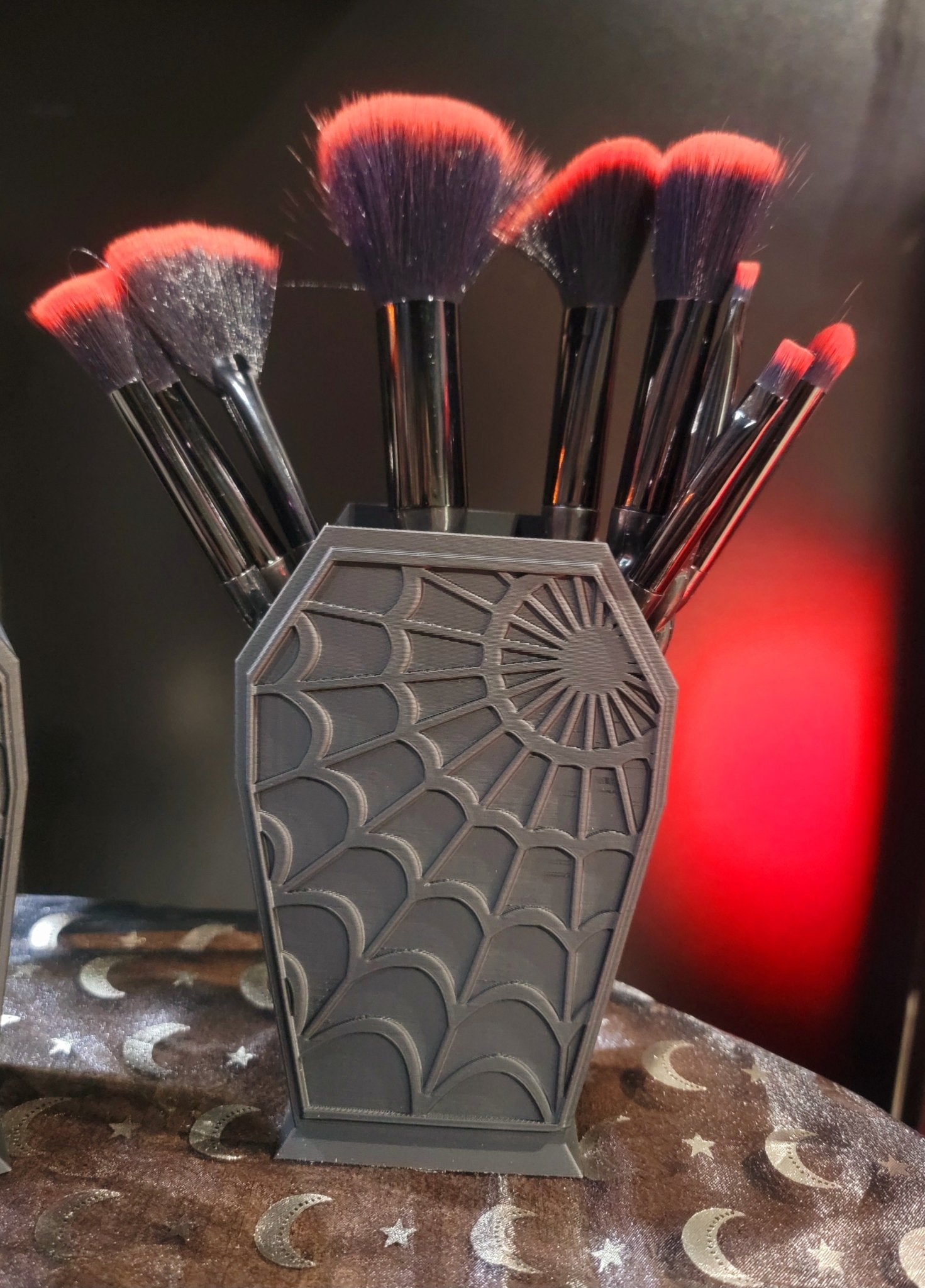 Coffin Shaped Brush Holder With Spider Web Black With Brushes Beauty - Gothic & Alternative Gift - Haunted