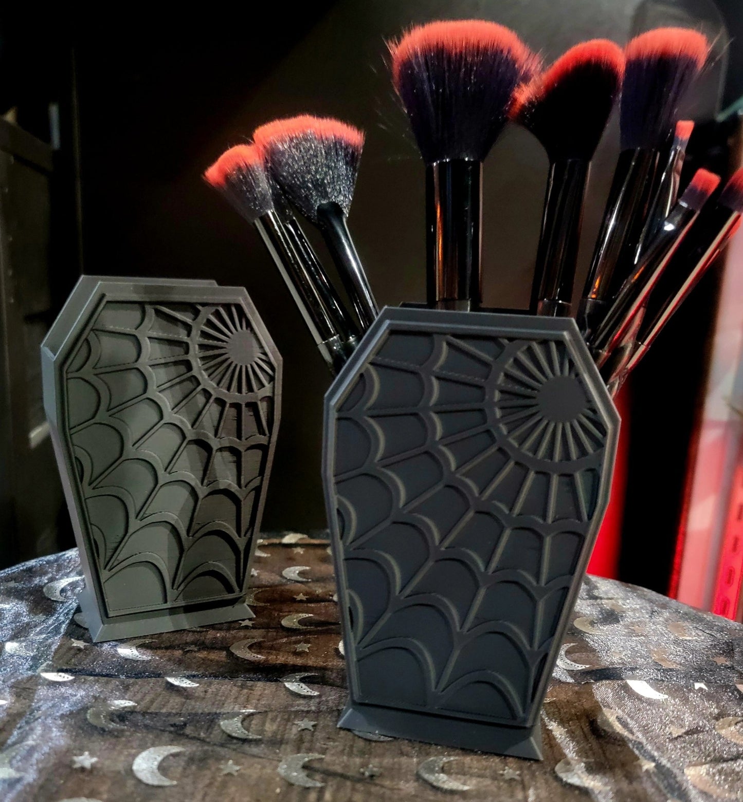 Coffin Shaped Brush Holder With Spider Web Black With Brushes Beauty - Gothic & Alternative Gift - Haunted