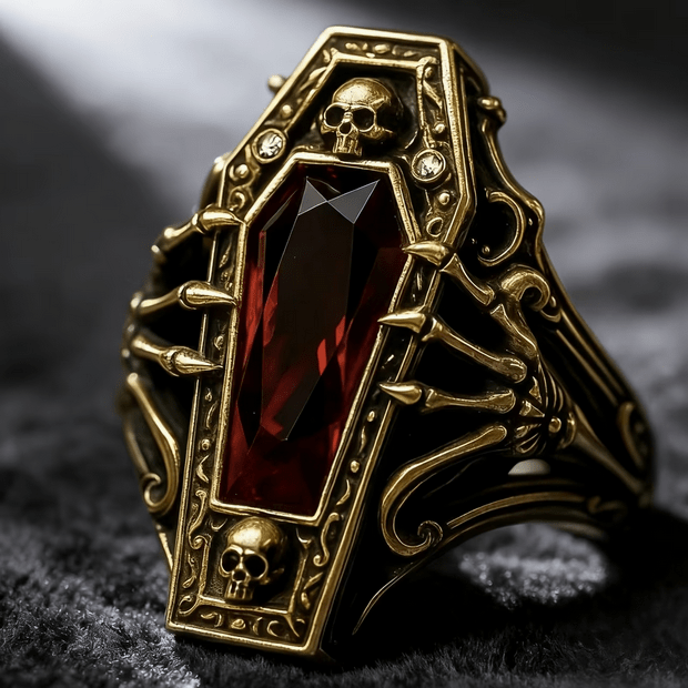 Coffin Shaped, Skull, Skeleton and Red Gemstone Goth Ring Jewelry - Gothic & Alternative Gift - Haunted
