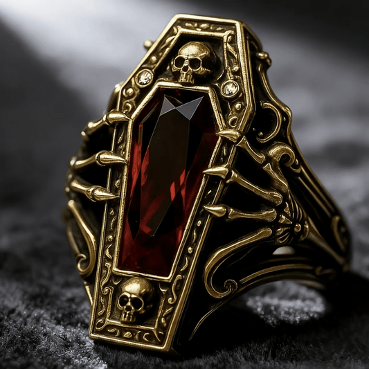 Coffin Shaped, Skull, Skeleton and Red Gemstone Goth Ring Jewelry - Gothic & Alternative Gift - Haunted