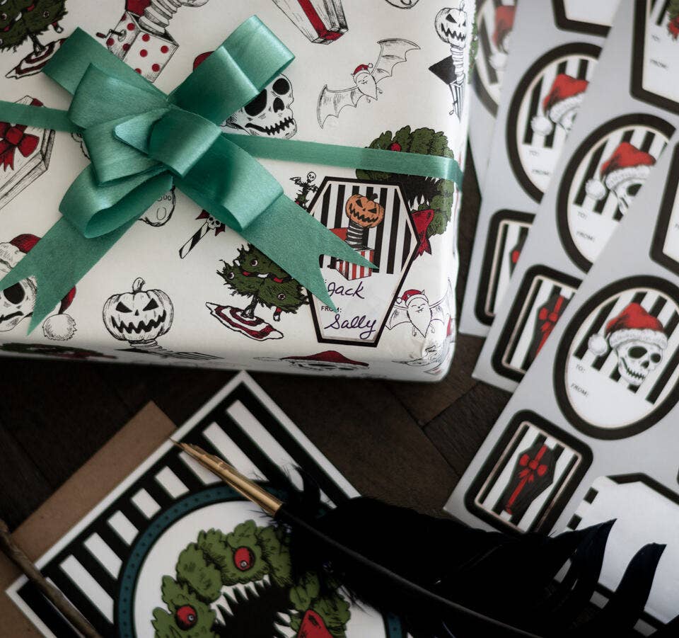 Creepmas Gift Label Sticker Sheet with Silver Foil Wrapping Paper - Gothic & Alternative Gift - Haunted