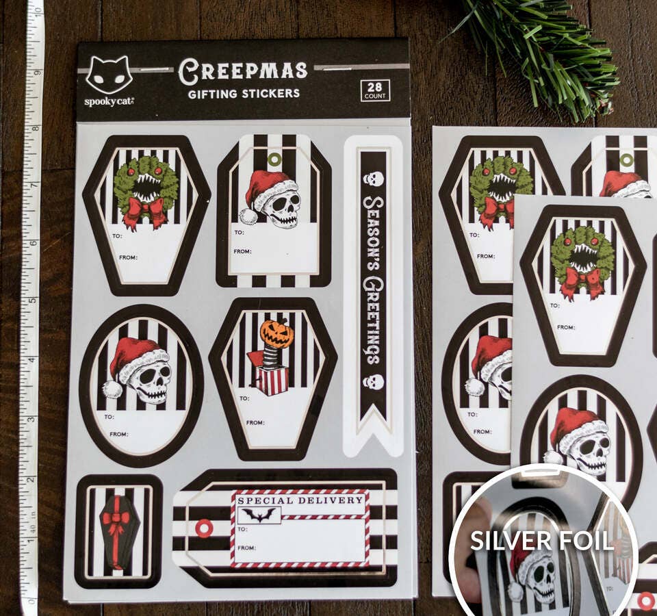 Creepmas Gift Label Sticker Sheet with Silver Foil Wrapping Paper - Gothic & Alternative Gift - Haunted