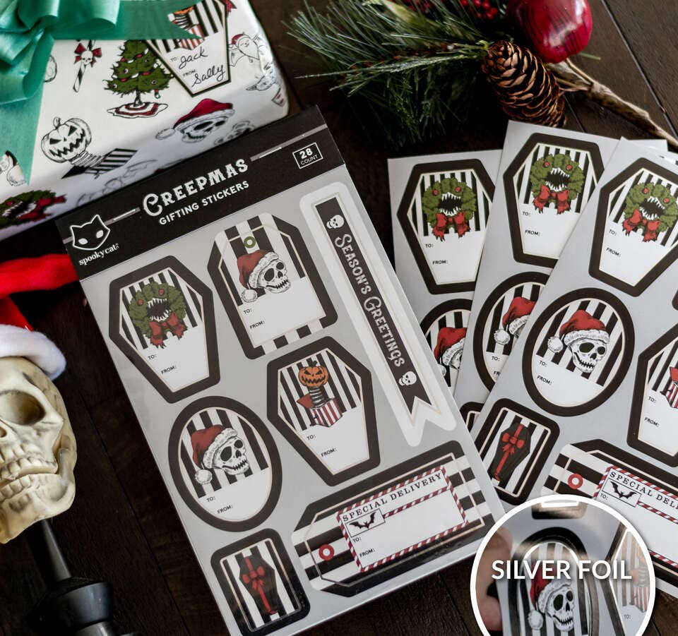 Creepmas Gift Label Sticker Sheet with Silver Foil Wrapping Paper - Gothic & Alternative Gift - Haunted