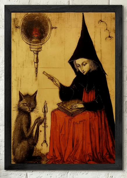 Creepy Vintage Gothic Medieval Witch and Cat Cult Framed Print Wall Hanging - Gothic & Alternative Gift - Haunted