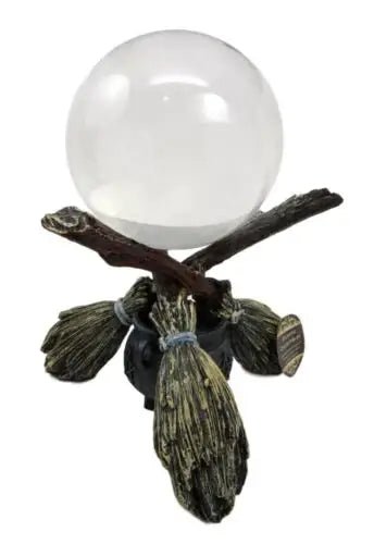 Crystal Ball on Witchcraft Cauldron Broom Stand Crystal - Gothic & Alternative Gift - Haunted
