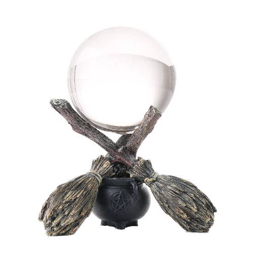 Crystal Ball on Witchcraft Cauldron Broom Stand Crystal - Gothic & Alternative Gift - Haunted