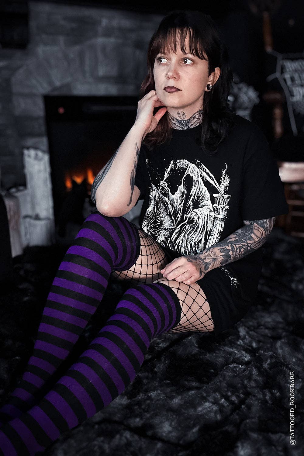 Purple Fishnet Garter Thigh High Socks Goth Victorian Cosplay