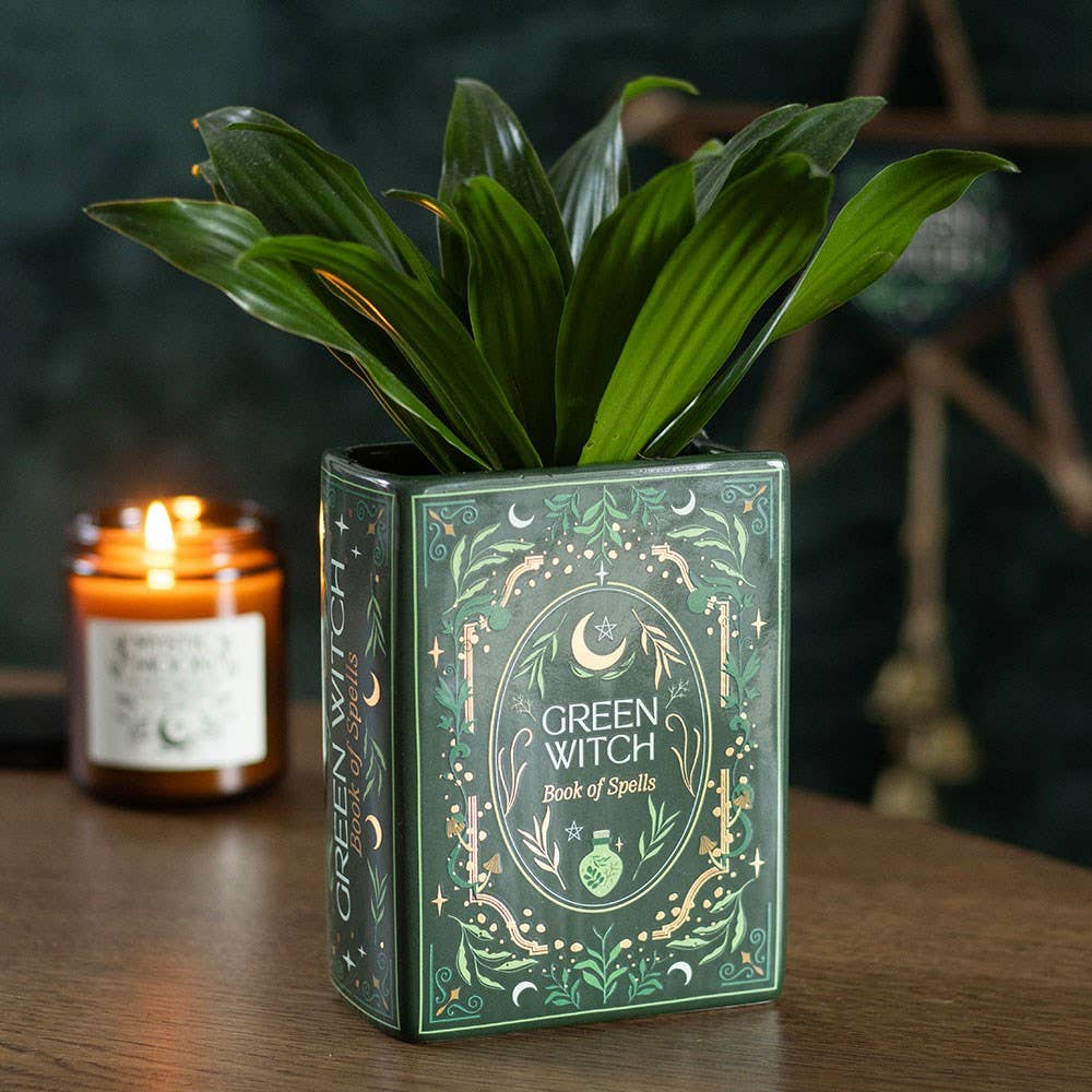 Green Witch Book Shaped Flower Vase