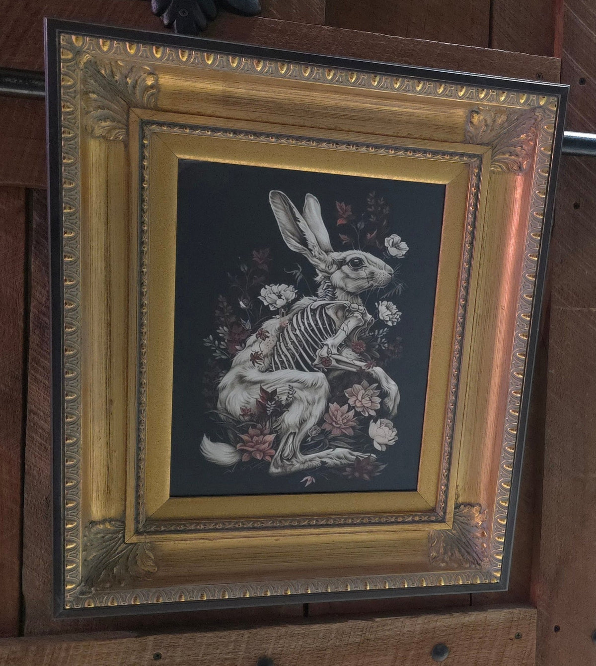 Dark Academia Floral Skeleton Rabbit Custom Framed Print Bunny Prints Framed - Gothic & Alternative Gift - Haunted