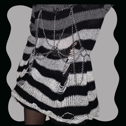 Dark Grey Gradient Oversized Black Striped Ribbed Sweater Clothing Accessories - Gothic & Alternative Gift - Haunted