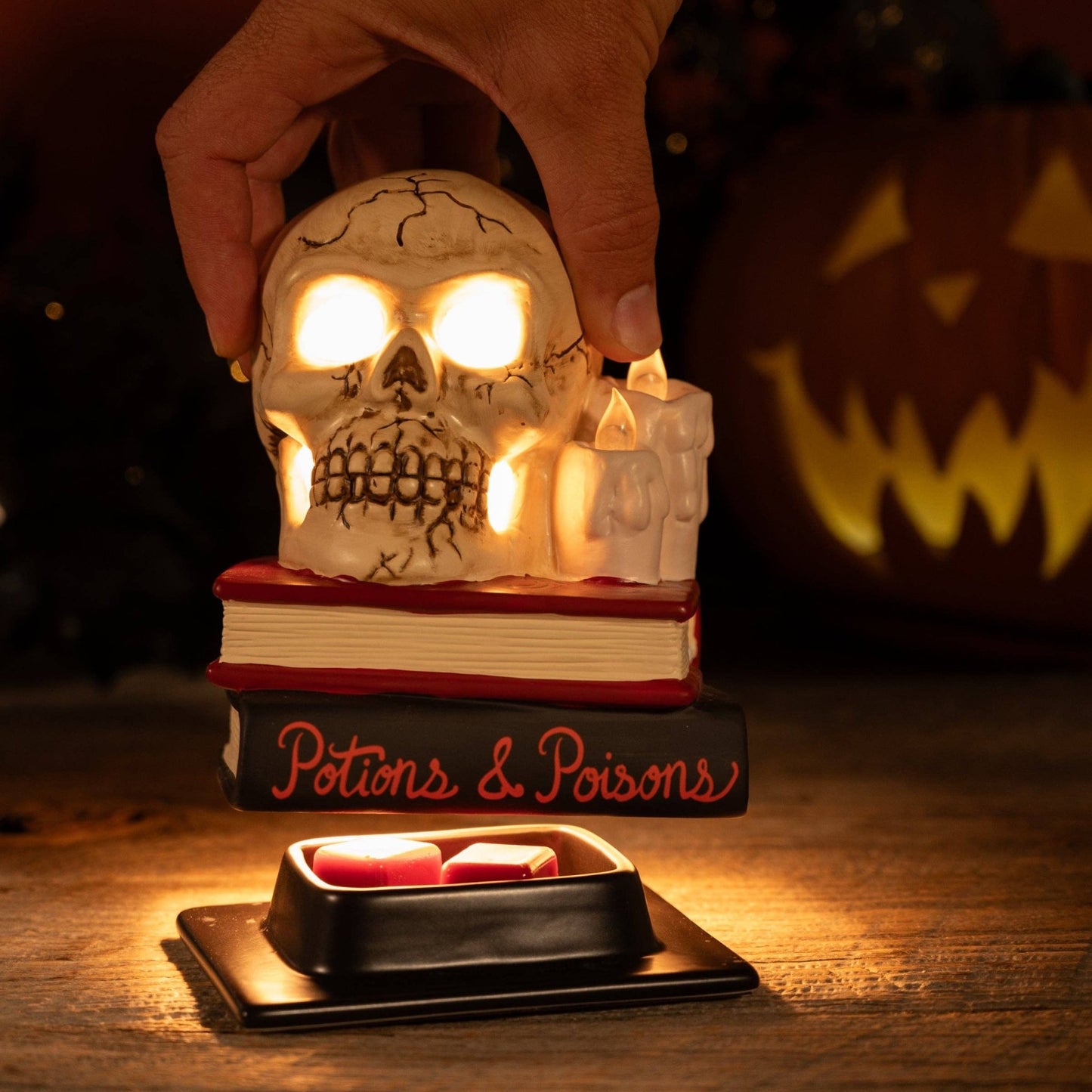 Deathly Library LIT Skull with Books Fragrance & Wax Electric Warmer Candle Holder - Gothic & Alternative Gift - Haunted