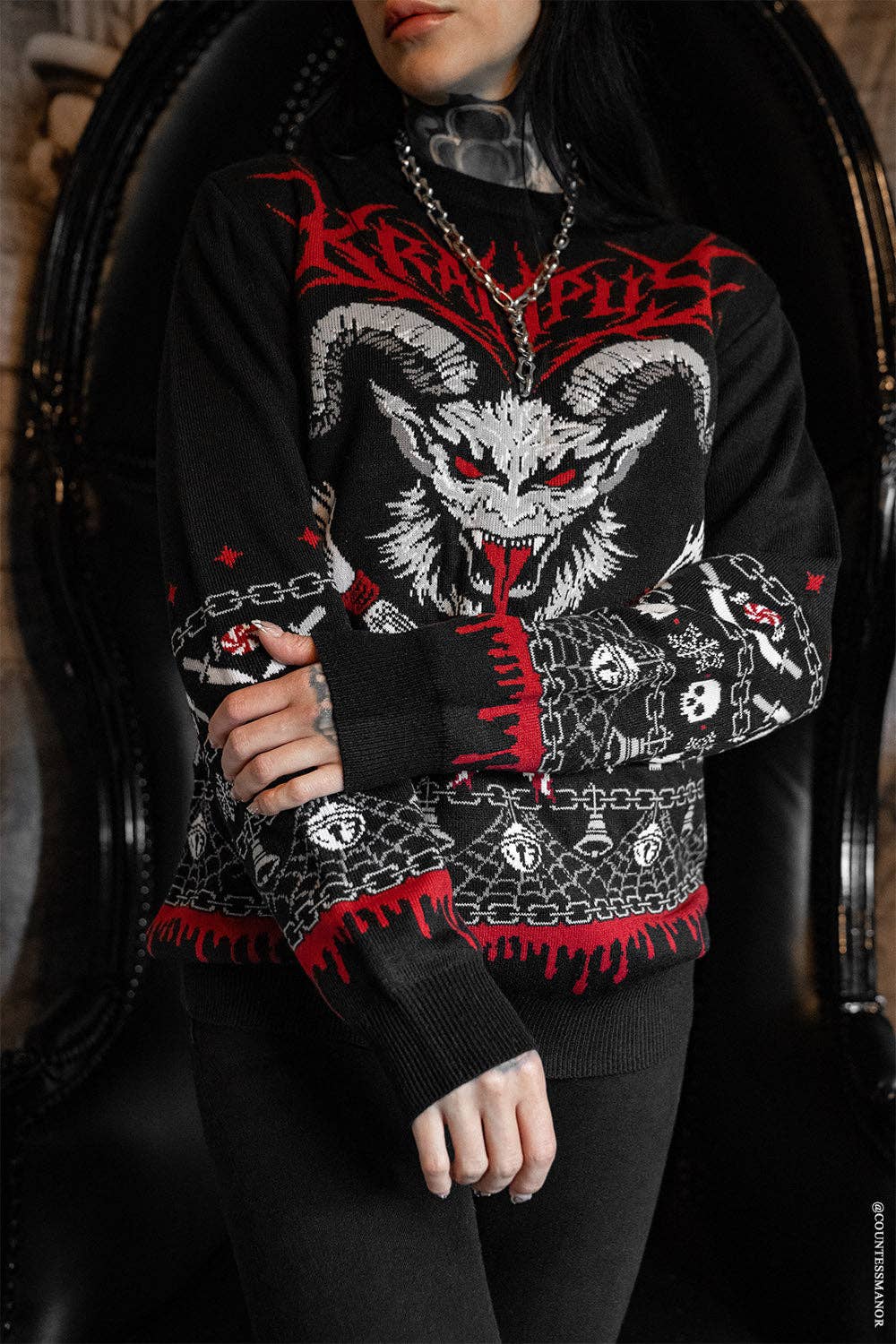 Krampusnacht Knit Xmas Sweater Goth Creepmas Skull Spiderweb Tree