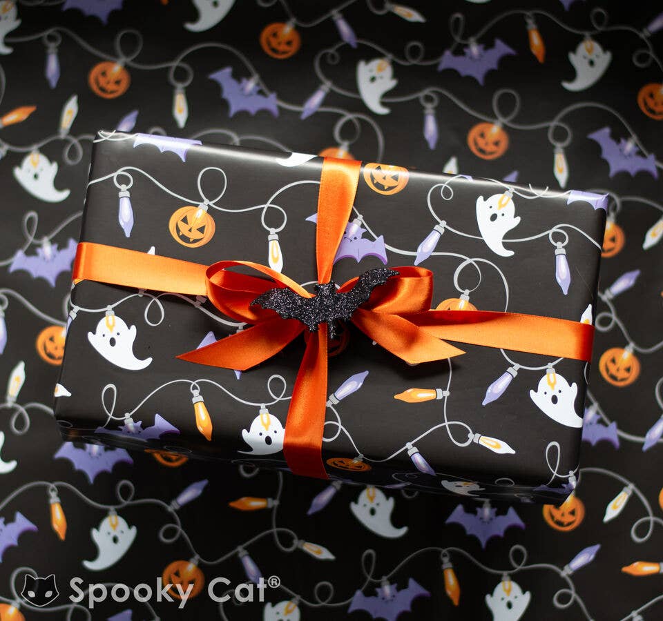 Halloween Lights Ghost Bat Pumpkin Gift Wrap Wrapping Paper 8 foot roll Creepmas Gothmas