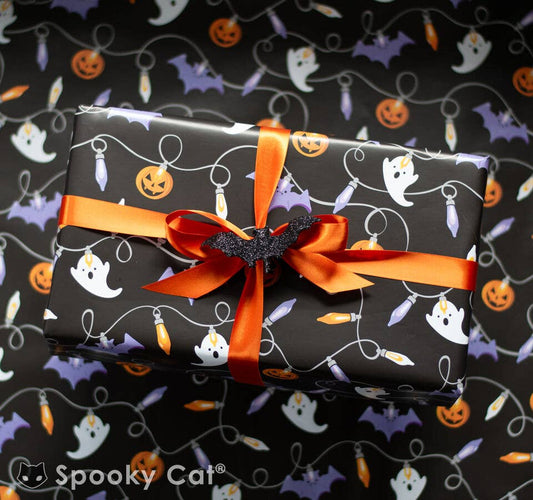 Halloween Lights Ghost Bat Pumpkin Gift Wrap Wrapping Paper 8 foot roll Creepmas Gothmas