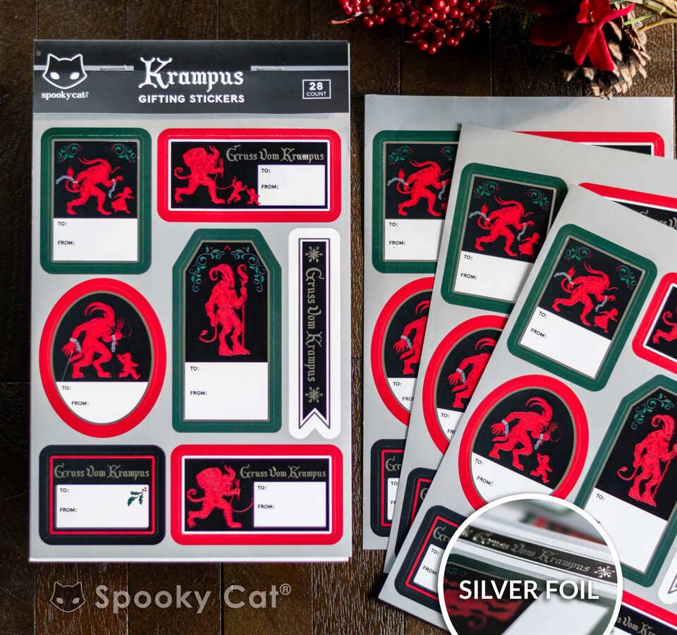 Krampus Gift Label Tag Sheet Silver Foil Creepmas Gothmas Stickers